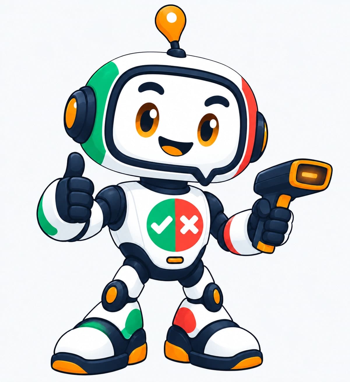 Mascote robô do Pop ou Passa analisando um produto